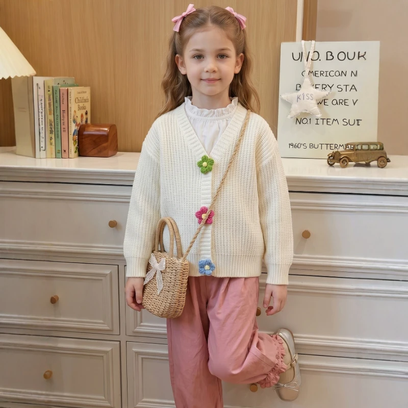 2026 Girls' V-neck Knitted Flower Sweater College Style Vertical Stripe Pit Pattern Western Style Cardigan