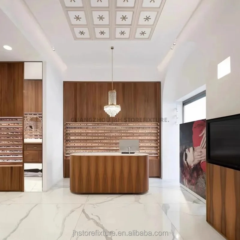 Theken-Design-Regal zur Wandmontage aus Holz für Brillen, individuelle Größe zum Fabrikpreis