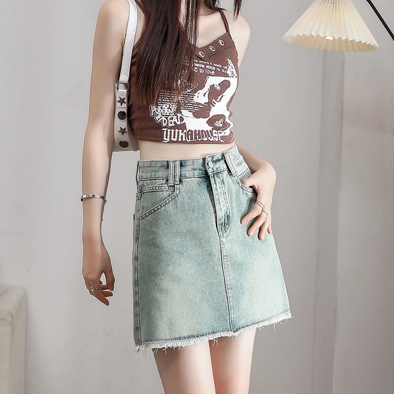 

Trendy Vintage Washed Light Blue High Waist Denim Skirt Women Denim Skirt Ripped Hem Summer New Casual Short Skirt