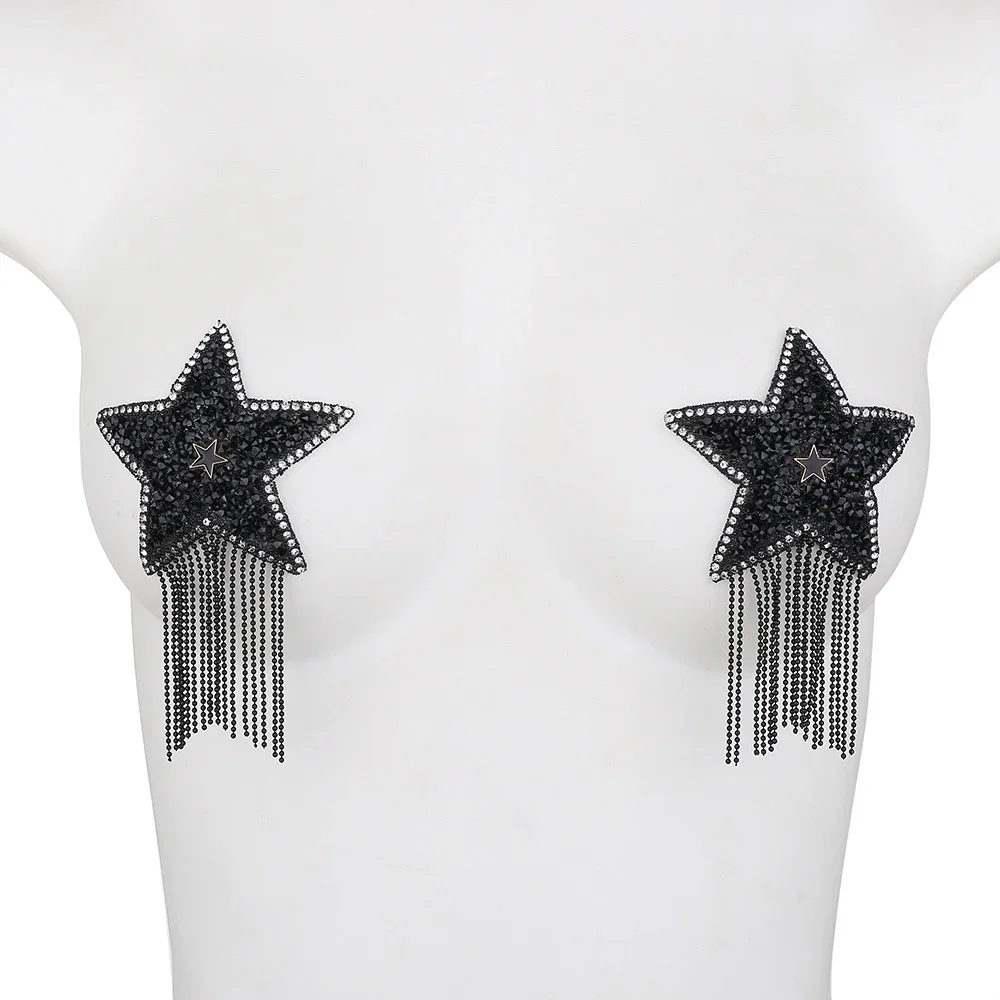 Women 1pair Tassel Rhinestone Star Nipple Stickers Sexy Bra Nipple Cover Reusable Wear Silicone Nipple Pasties Chest Stickers