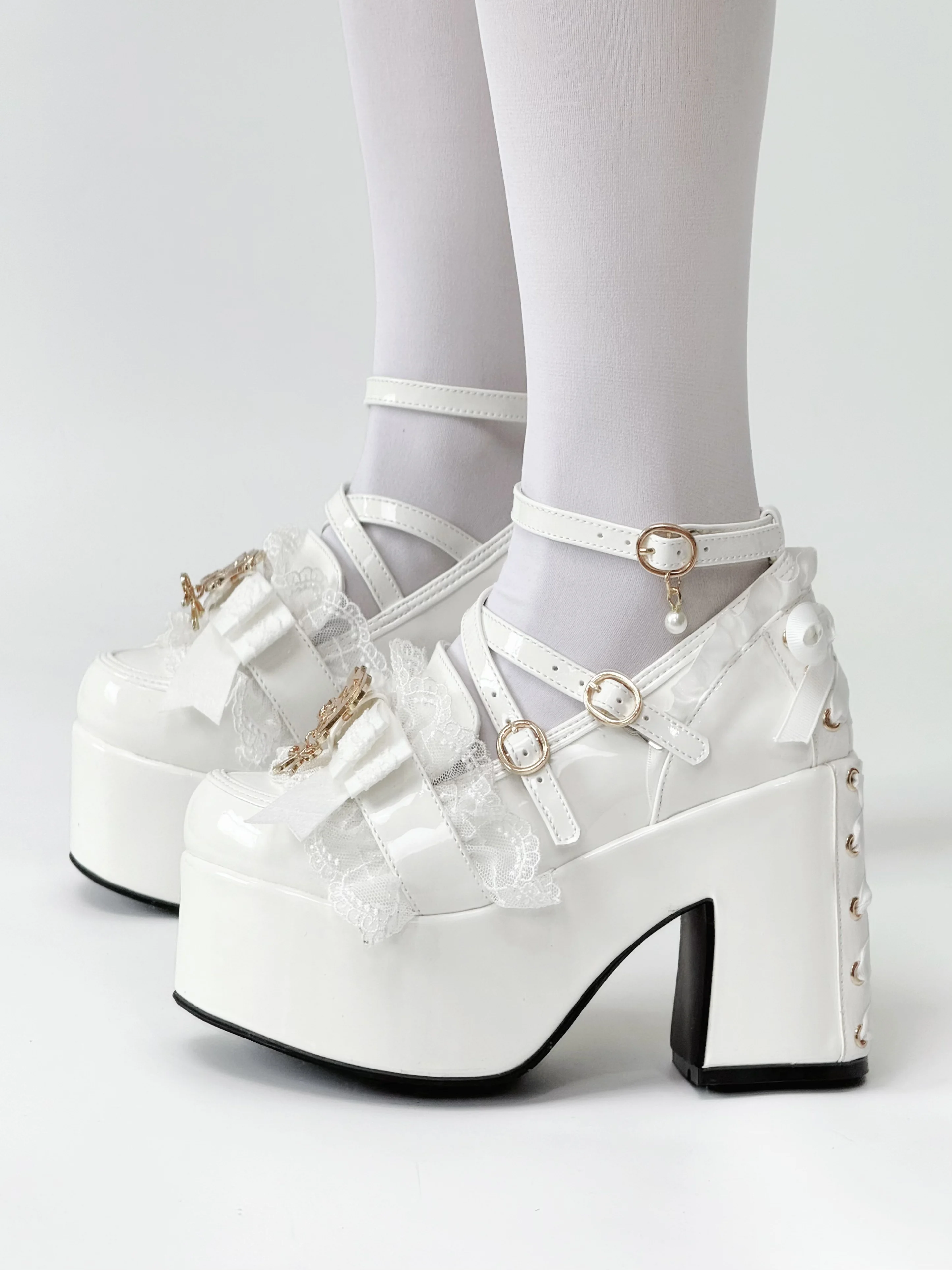 Zapatos de plataforma de Muffin con lazo de encaje japonés Lolita, zapatos de cuero Pu con plataforma impermeable de boca poco profunda y dulce milenio para mujer