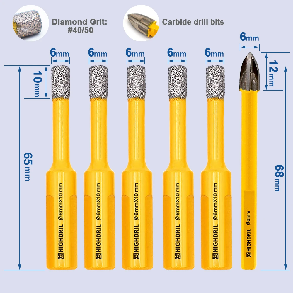 HIGHDRIL Drill Bit Kit 6pcs/box Dia 6/6/6/6/6mm Drill Bit + 6mm Positioning Drill bit Tile Holes Drill Porcelain Tile Crown