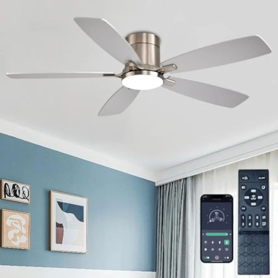 52 Inch Low Profile Ceiling Fans with Lights and Remote, Flush Mount Modern Ceiling Fan for Bedroom and Living Room, Brushed Ni