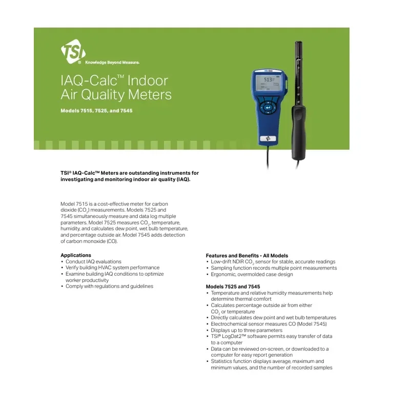 TSI 7545 IAQ-Calc Indoor Air Quality Meter Dual-wavelength NDIR Sensor 0-5000 Ppm Range 3.0% Accuracy 20-Second Response Time