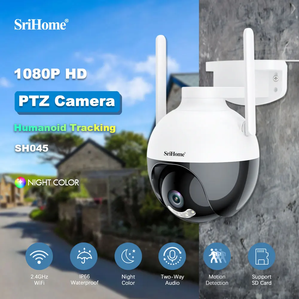 SriHome Surveillance Camera Outdoor 3X Digital Zoom AI Human Tracking Wifi IP Camera Night Vision PTZ Security Monitor Audio Cam