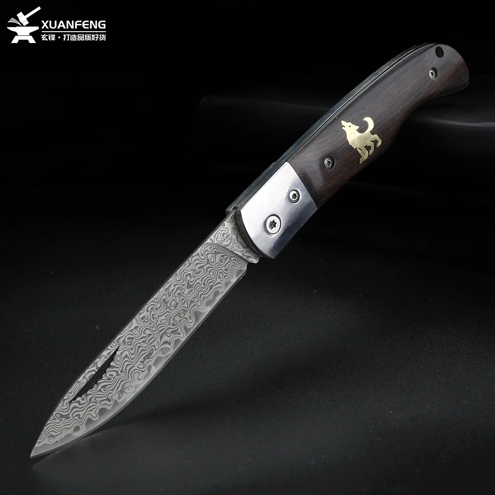 Brass Wolf Damascus Steel Folding Fruit Knife Multi Functional Camping Knife High Hardness Sharp Outdoor Knife