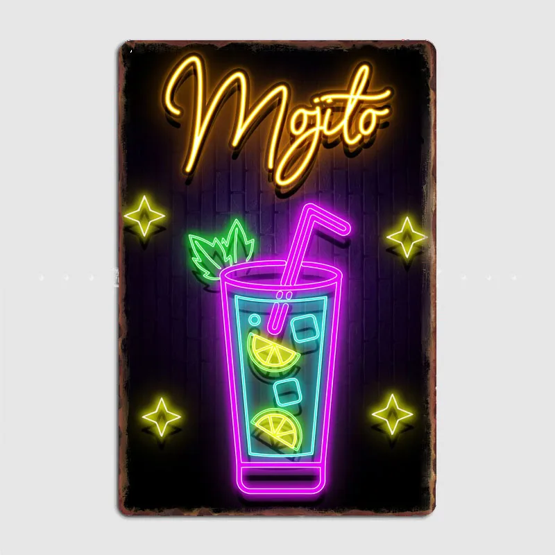 Drink Neon Mojito Cocktail Neon Sign Retro Restaurant Poster Metal Sign Kitchen Room Wall Decor Tin Home Decoration