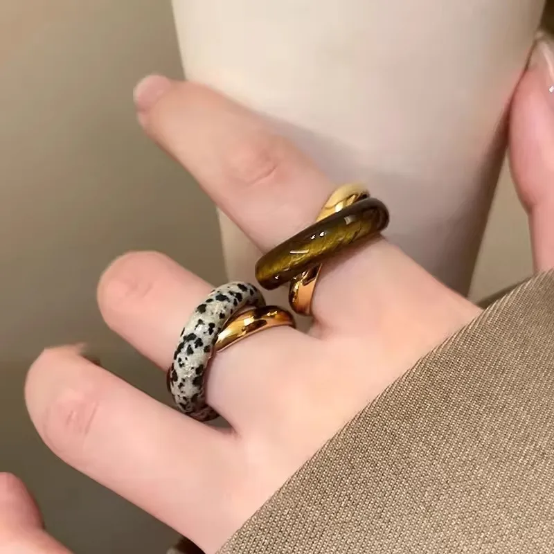 

Винтажные двухслойные кольца из натурального камня для женщин и мужчин, изысканные металлические кольца на палец золотого цвета, свадебные украшения, подарки для вечеринок