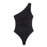 Summer Asymmetric Sleeveless Pleated Silk Mesh Bodysuit Women Single Shoulder Slim Fit Jumpsuit Female Beach Holidays Wear 2026 - Image 3