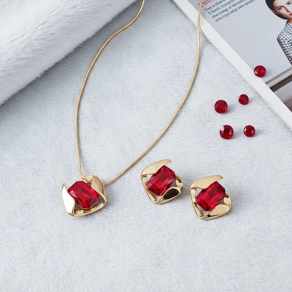 

3pcs Elegant Vintage Jewelry Set for Women Diamond Shaped Square Necklace red Shiny Gem Choker Bridal Wedding Earrings Party