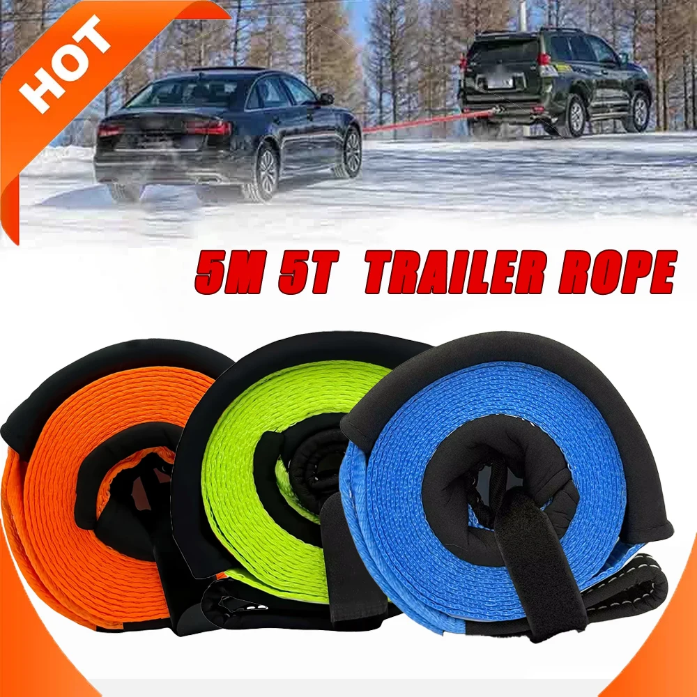 

5M 5 Tons Synthetic Tow Strap Line ATV UTV 4WD Winch Rope Hooks Practical Durable Outdoor Off Road Emergency