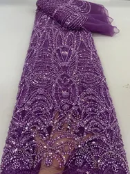 Purple Lace African Handmade Beads Laces Fabrics Luxury Nigerian Sequins Mesh Lace Fabric French Bride Tulle Lace Wedding A80-2