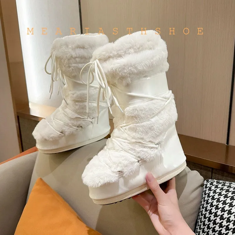 

Newest platform fur Snow Boots for Women Fashion Styles Thickened Sponge Sock Covers Waterproof PU Lady Moon Boots Adult Shoes