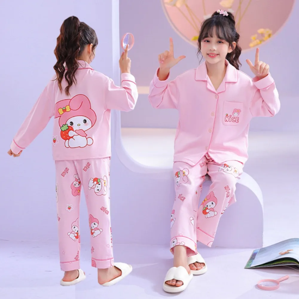 

Melody Kuromi Kids Pajama Sets Breathable Loose Kawaii Cartoon Pattern Print Children Pajamas Suit Comfortable Soft Housewear