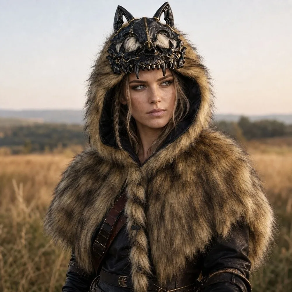 Furry Wolf Skull Hood Medieval Style Viking Costume Warrior Mantle Hat Vintage Headdress Halloween Headgear Stage Performance