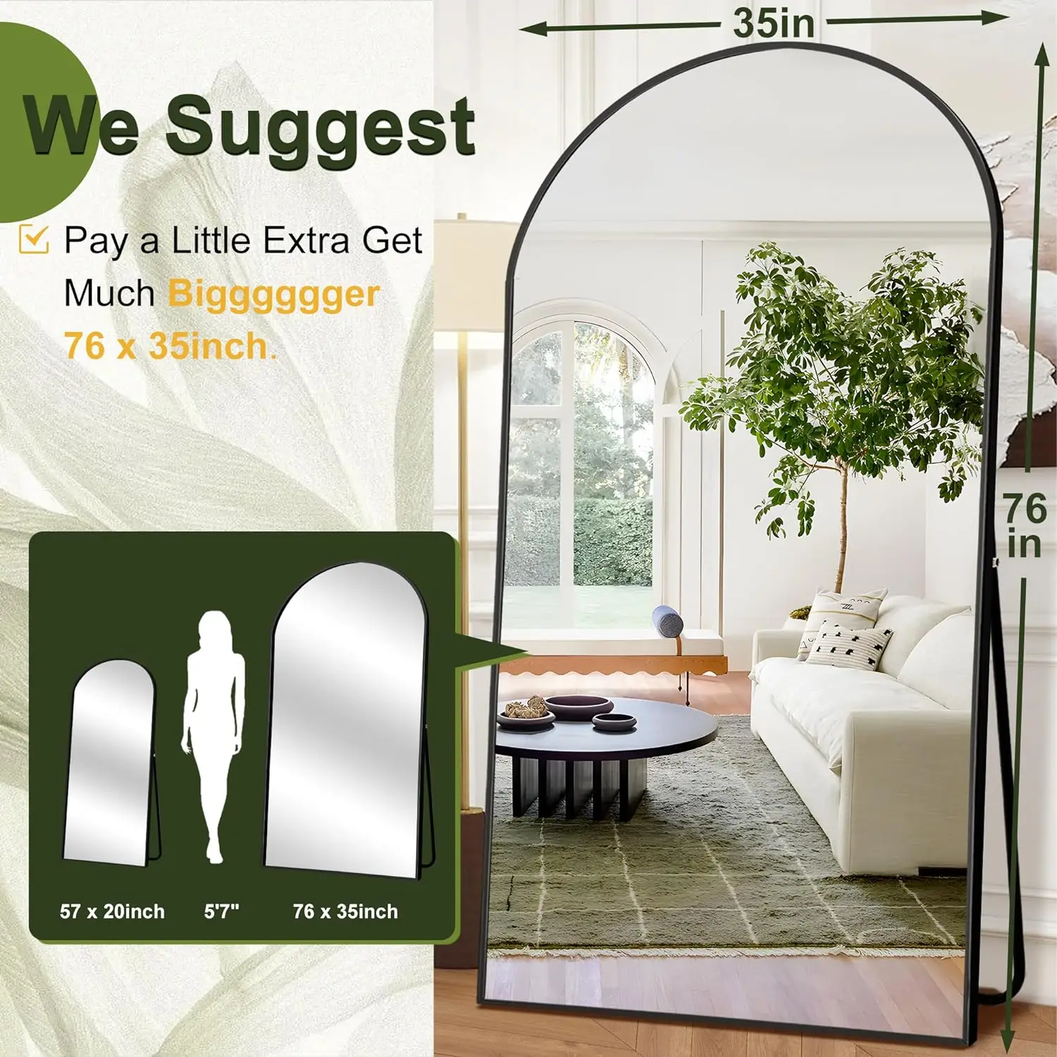 OverSized Full-Body Floor Mirror Arched Stand 76