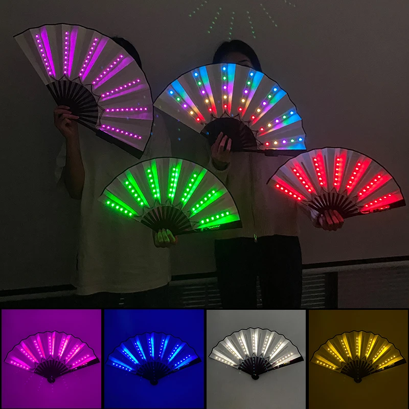 1pc 10 pouces néon lumière pliable main ventilateur LED lumineux LED brillant bambou ventilateurs danse Performance Concert Support accessoires
