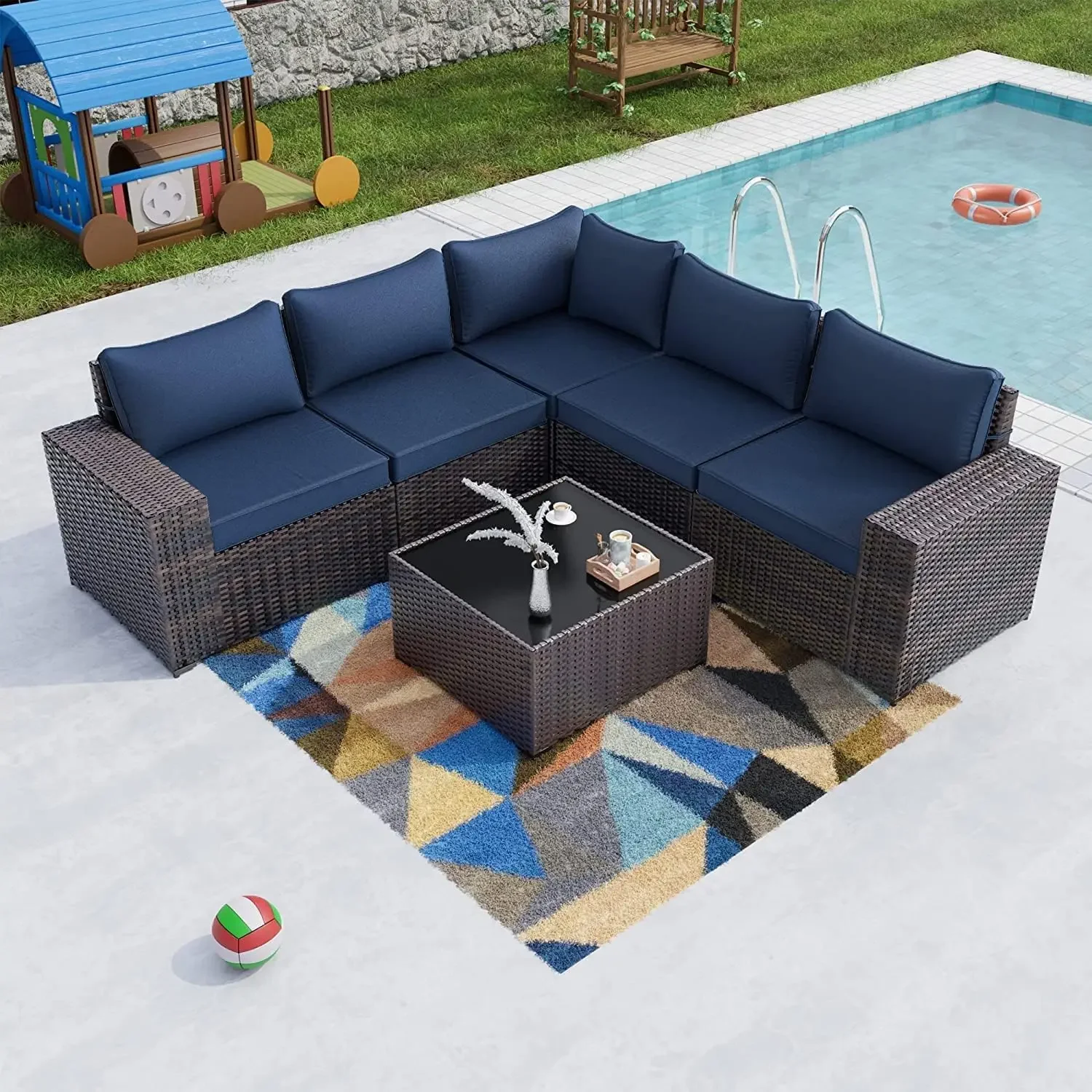 Christmas.6PCS Outdoor Patio Furniture Set PE Wicker Rattan Sectional Sofa Patio Conversation Sets,Navy Blue