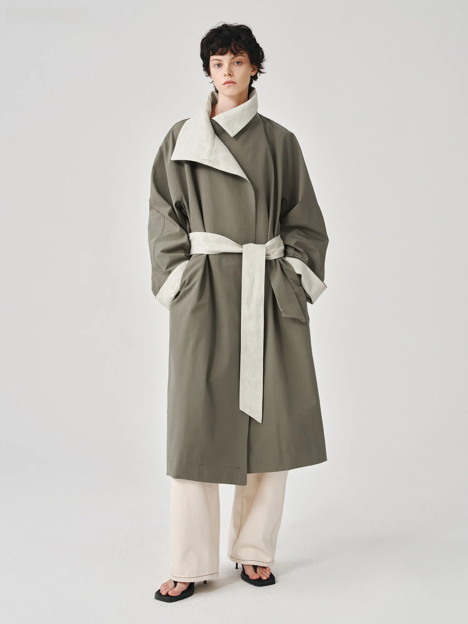 

KUCO NO05 Long Wrap Sle Rainproof Linen Coat Casual Contrast Color Design Comfortable Commute Faion Women's Outerwear