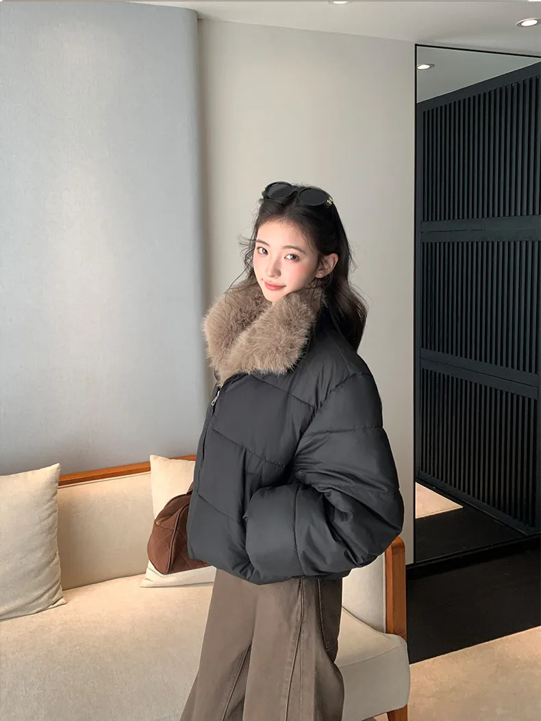 Korean Women's Short Puffer Jacket with Large Fur Collar Women Loose Thick Padded Cotton Coats Female Solid Casual Zipper Parkas