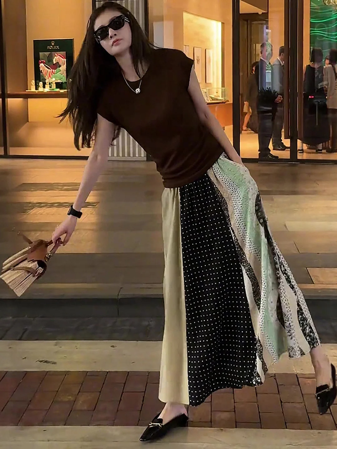Color Blo Polka Dot ter Ne  Dr Women's Ele Unique Beautiful High Waist A-Line Long Skirt Summer New Arrival