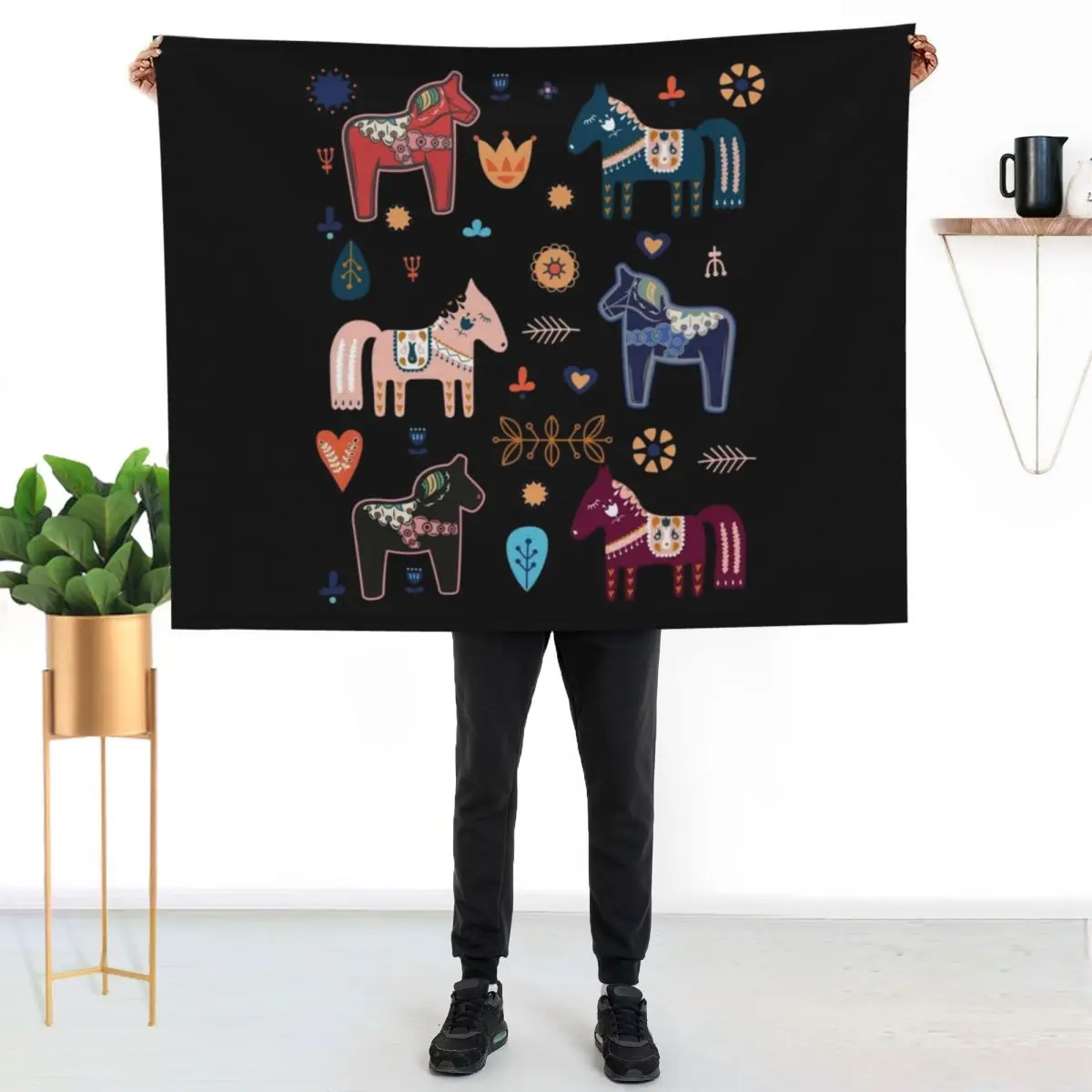 

Dala Horses Christmas Dala Horse Throw Blanket Elegant Warm Throw Blanket for Hotel Home