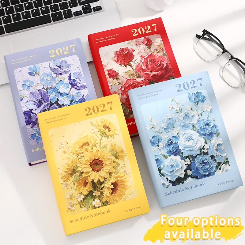 2027 A5 Dated Planner Notebook with Vintage Oil Painting of Rose & Sunflower Monthly Schedule And To-Do List Diary