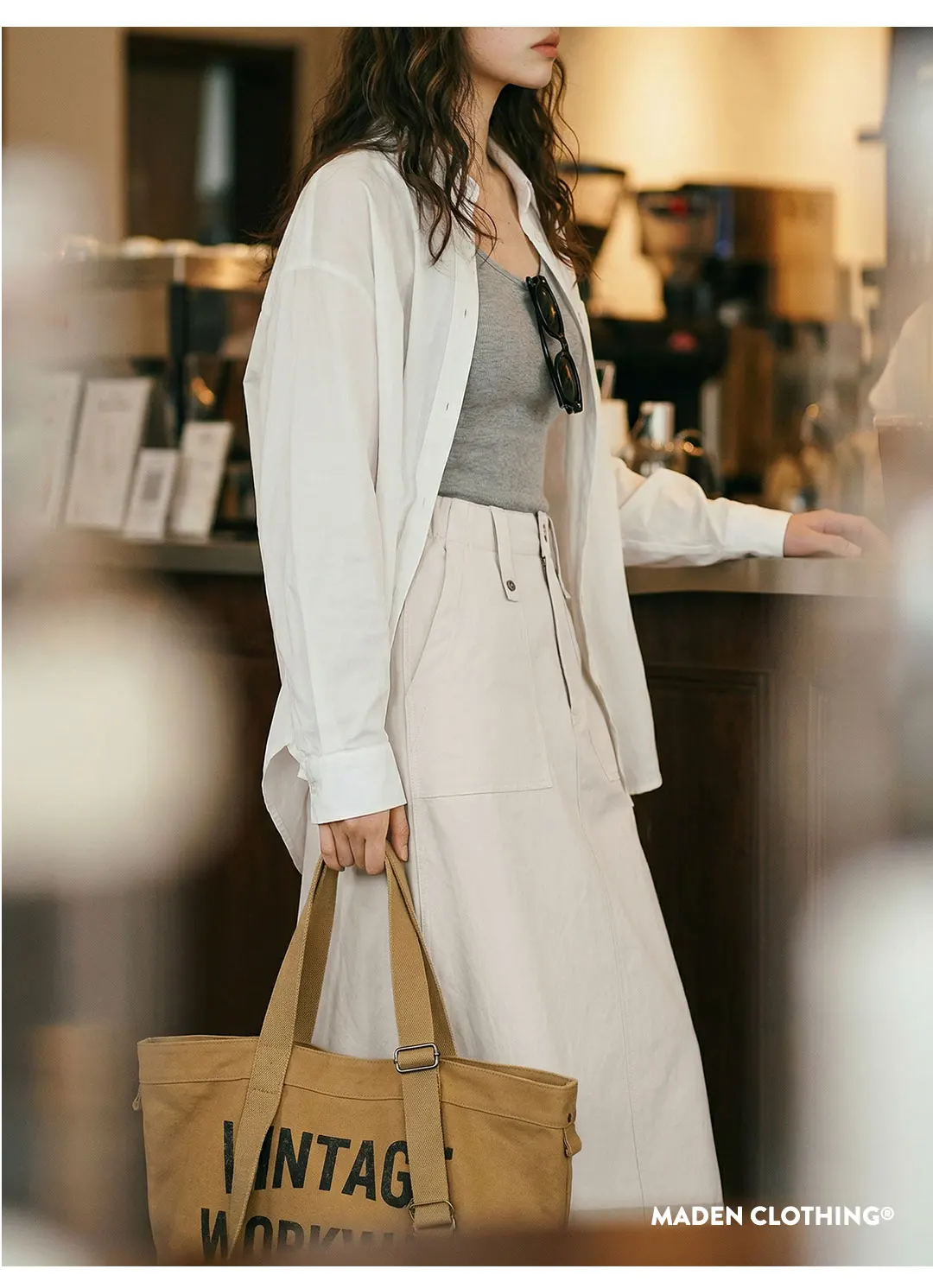 Maden Women's Cargo Skirt A Line Midi Back Slit High Waist Vintage Off White Casual Zipper Skirt for Spring Summer