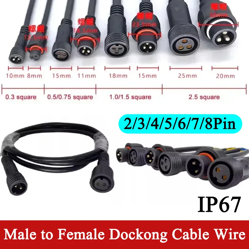 Automotive IP67 Waterproof Male Female Plug Connector Cable 2Pin 3P-8Pin Outdoor LED Truck Light Extension Wire 0.3-2.5mm² Power