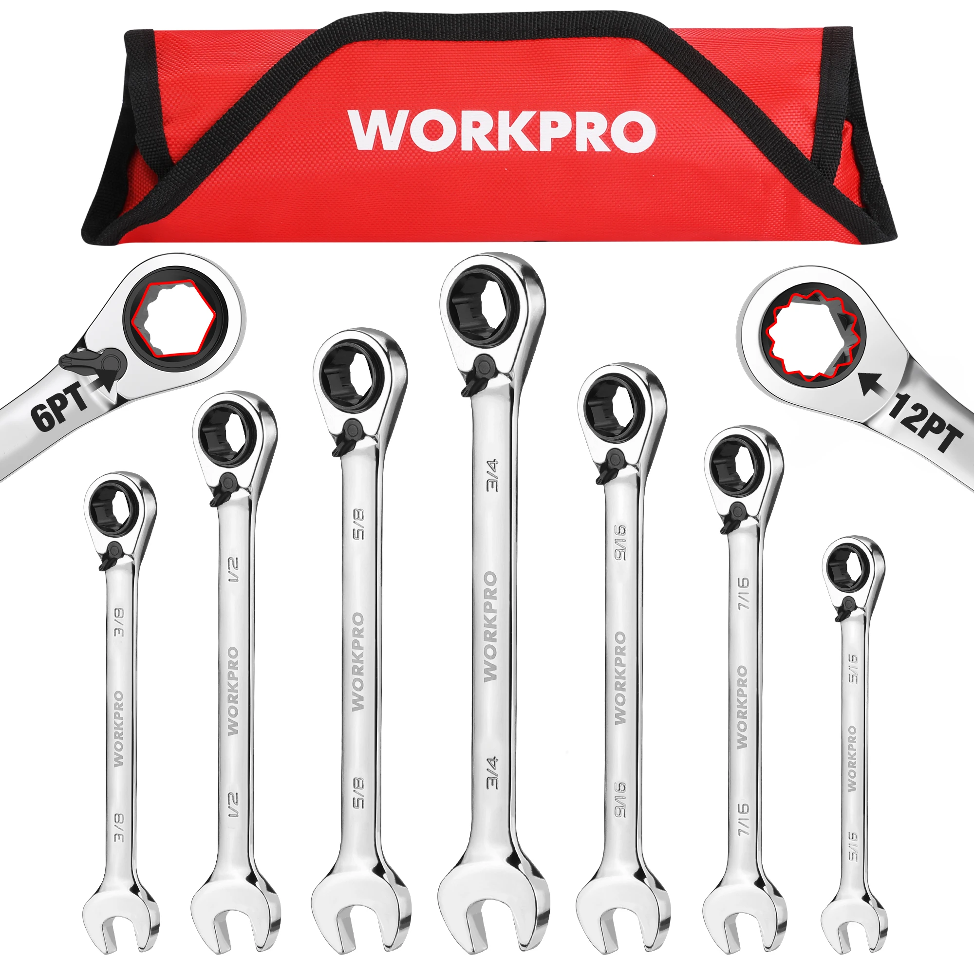 

WORKPRO 7 шт. Набор реверсивных храповых ключей 3-в-1, открытые ключи SAE/метрические, комбинированный ключ с храповым механизмом на 72 зубца