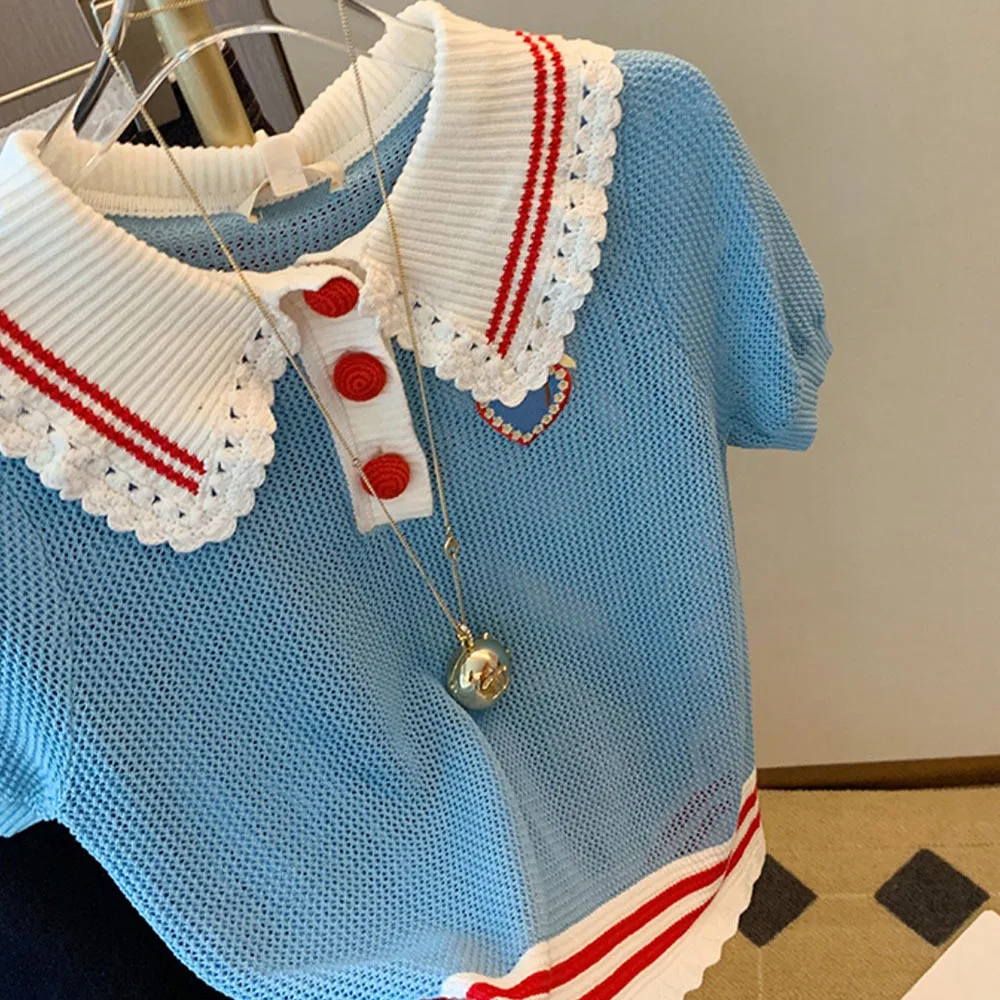 New 2024 Korean Fashion Polo Collar Women Sweaters Vintage Elegant Striped Bottoming Knit Shirt Women Summer Thin Pullovers Tops