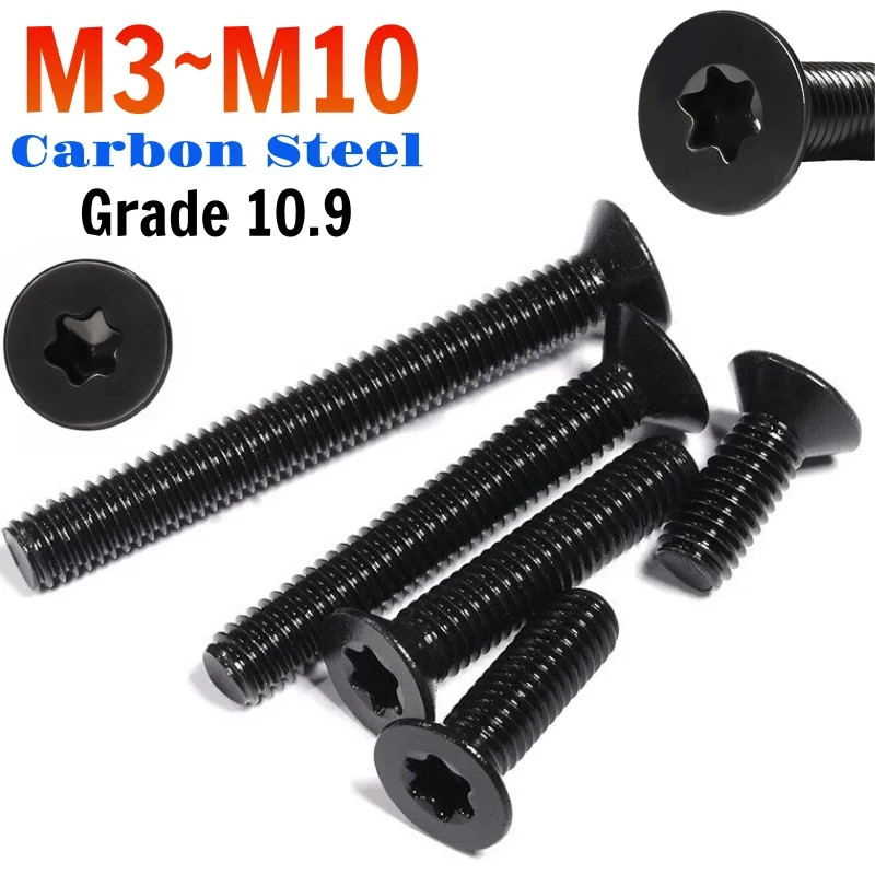 Black Carbon Steel Torx Countersunk Bolt M3 M4 M5 M6 M8 M10 Grade 10.9 Six Lobe Flat Head High Strength Screw Hardware Fastener
