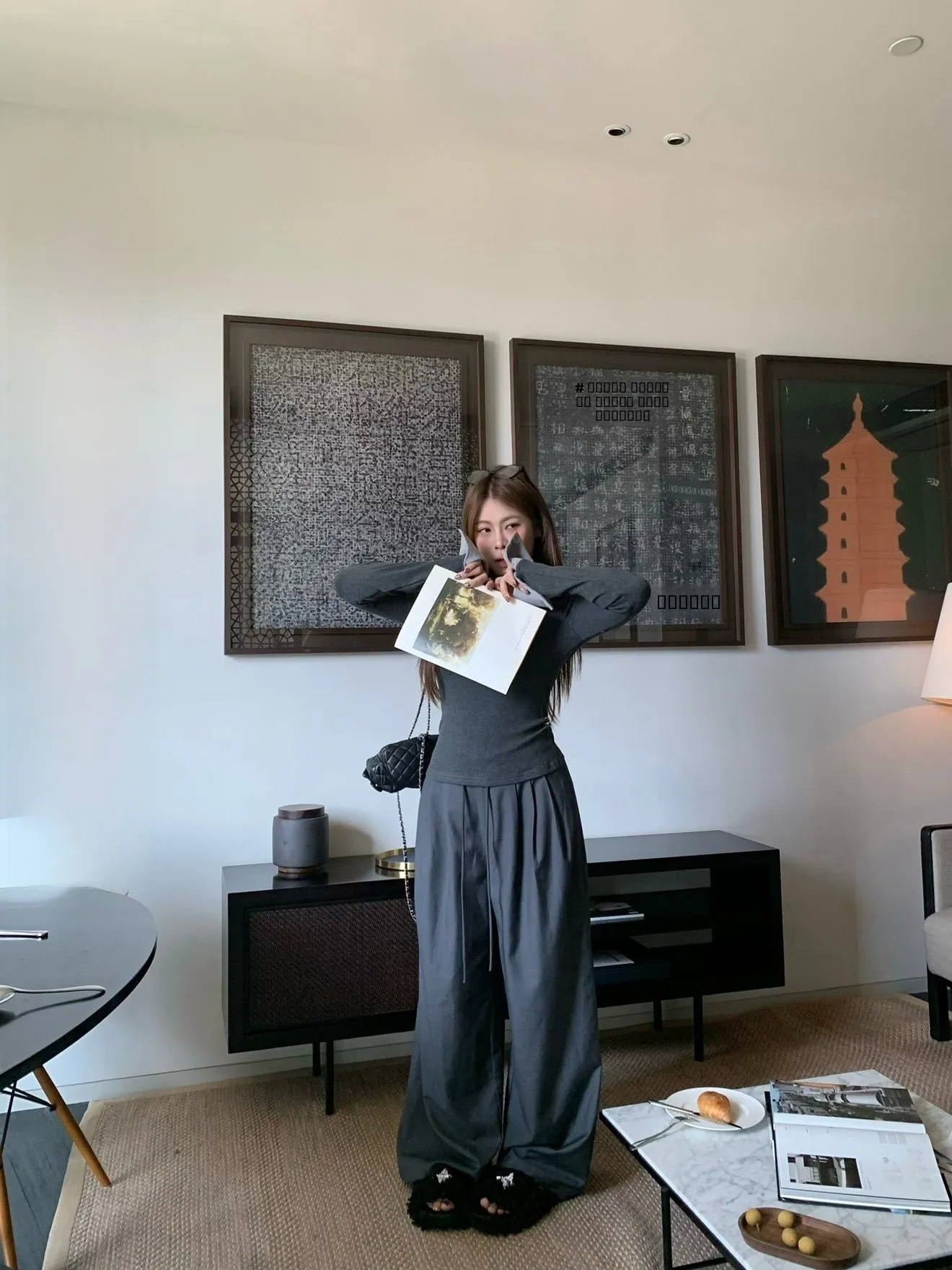 Athome カジュアルグレープリーツワイドレッグパンツ巾着ロングドレープパンツ韓国スタイルハイウエストロングパンツ秋シーズン