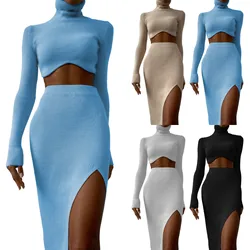 Skinny Turtleneck Long Sleeve Sexy Two Piece Set Women Midriff Crop Top+ Side Slits Bodycon Skirts Stretchy Robe Wedding Vestido