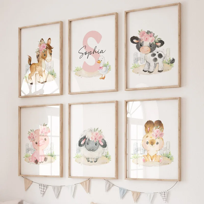 Pósteres de arte de pared de caballo, conejo, gallina, cerdo y perro, impresiones en lienzo, imágenes de animales de granja n