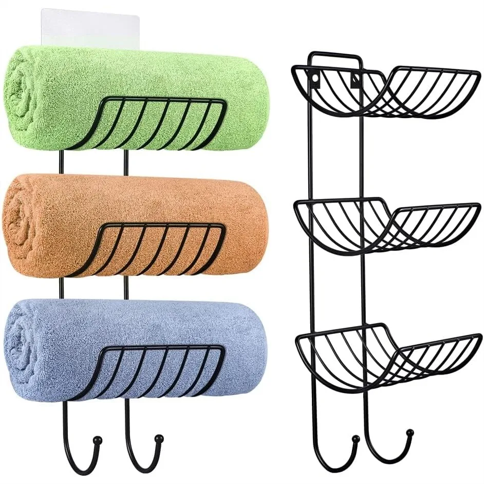 

Adhesive Towel Holder for Bathroom Wall Mounted, No Drill Towel Rack with 2 Hooks, Black 2 Pack