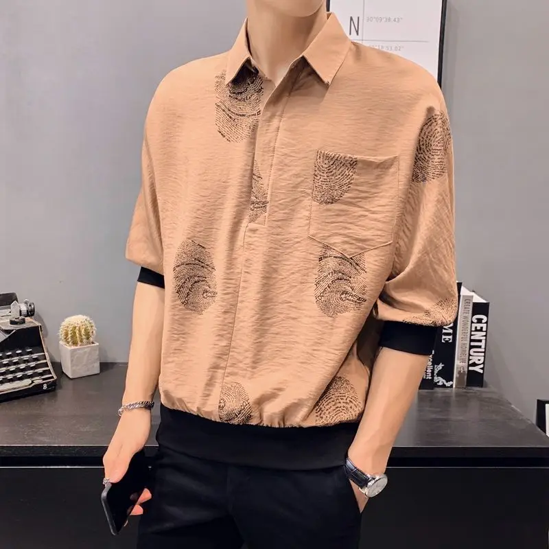 

2024 Summer New 3/4 Sleeves Polo Collar Pullover Shirt Men's Short Sleeves Loose Korean Fashion Casual Trend Pi Shuai T-shirt