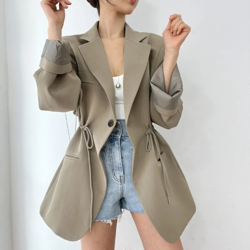

Korean Chic Autumn/winter Casual Blazer Retro Suit Collar Drawstring Waist Mid Length Jacket for Women OL Style Bleizer De Mujer