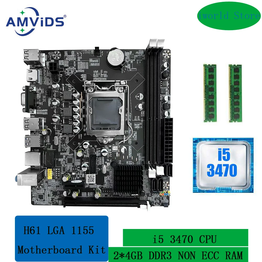 

H61 LGA 1155 Motherboard Kit with Intel Core i5 3470 CPU and 2*4G DDR3 Desktop Memory Combo Set Support HDMI VGA SATA USB