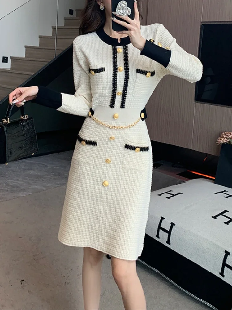 Spring Autumn Slim Sweater New Arrival 2024 Clothes Women Retro Knitted Mini Solid Color V-Neck Long Sleeve Wrapped Hip Dress