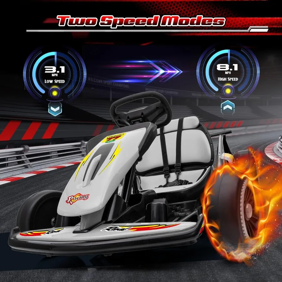 عربة الذهاب الكهربائية 24 فولت للأعمار من 6 إلى 12 عامًا مع إطارات EVA رمادي 400 وات أقصى سرعة 8.1 ميلا في الساعة موسيقى عالية/منخفضة السرعة USB ركوب خارجي سريع الانجراف