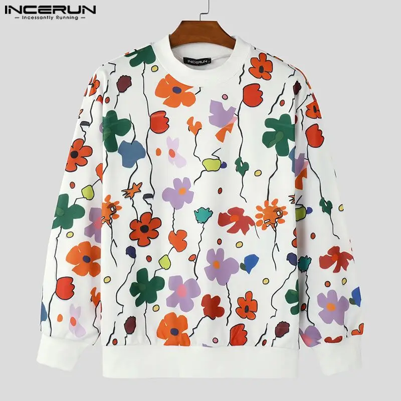 Fashion Well Fitting Tops INCERUN 2024 Men\'s Colorful Floral Print Pullover Sweatshirts Casual Personality Long Sleeved Sweaters