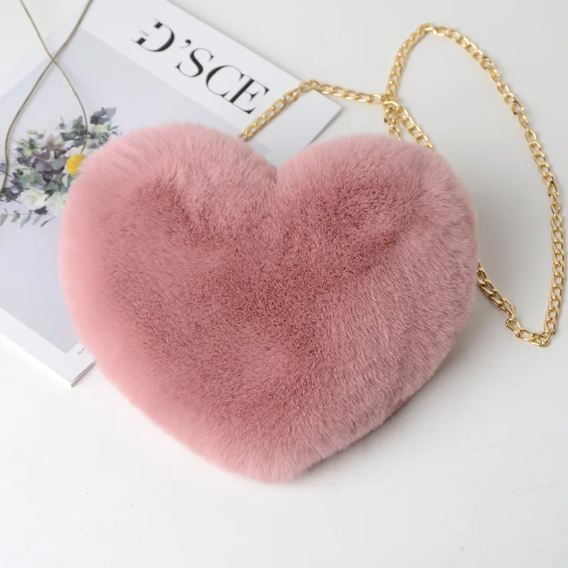 Faux Fur Heart Shaped Bolsas para mulheres, sacos crossbody bonitos, bolsa de ombro corrente de pelúcia Kawaii Wallet Purse for Lady, moda