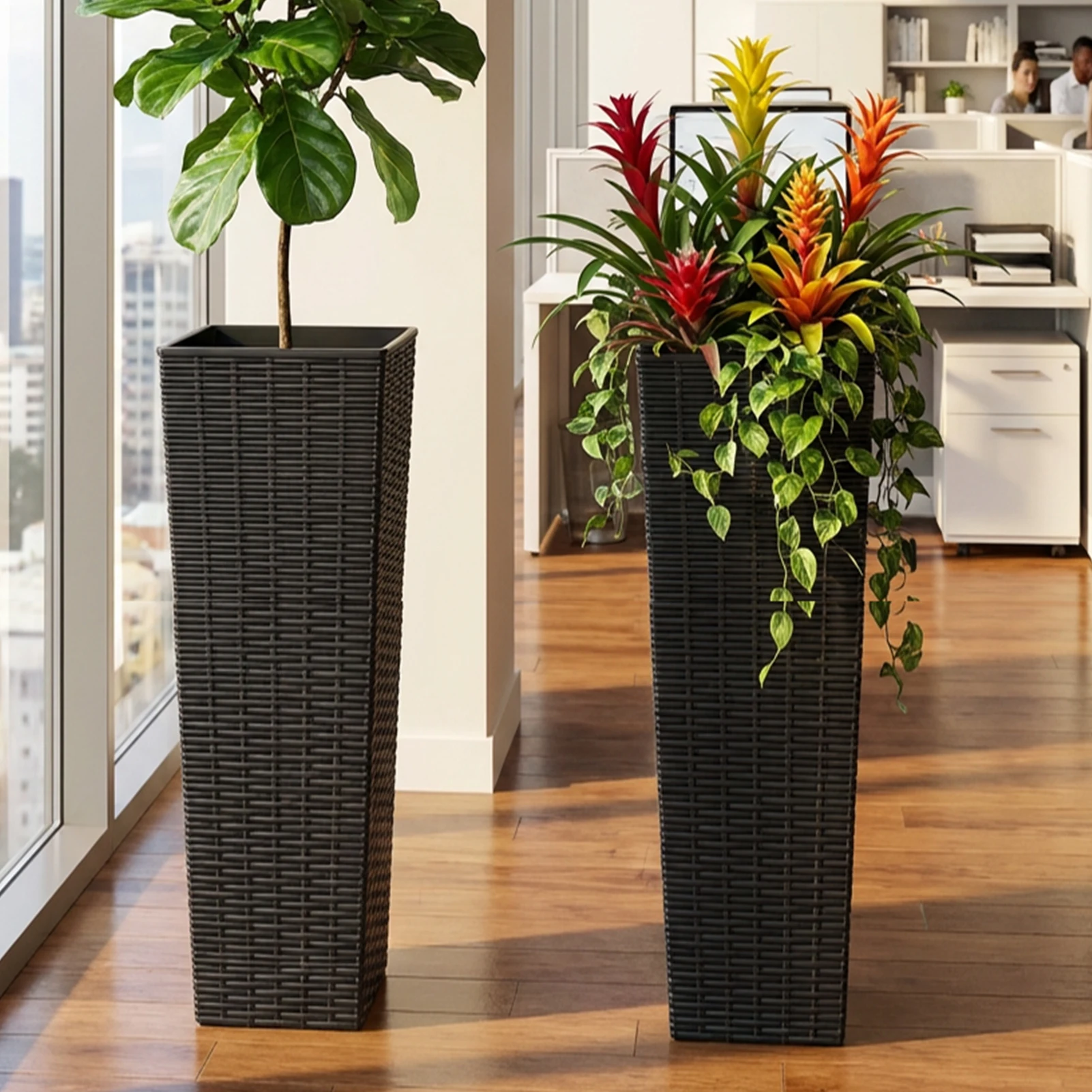 2PCS 32 Inch Tall Planter Resin Rattan Texture Modern Rectangular Tall Plant Pot with Removable Inner Pots Drainage Holes