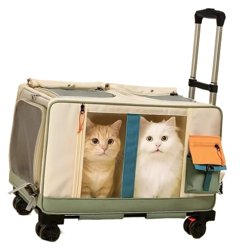 Portable Wheeled Cat Stroller Backpack Two-in-One Foldable Travel Case with Zipper Closure Multi-Functional Pet Carrier Set