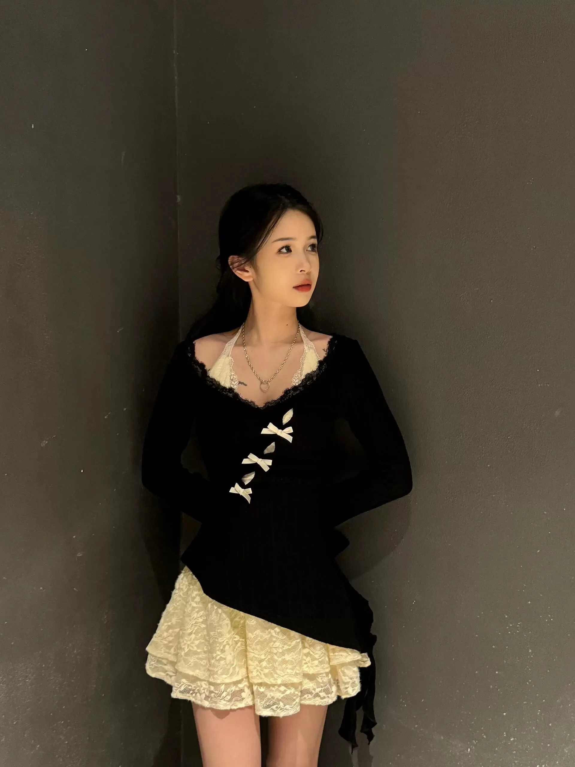 

Sweet Pure Desire Ne Hanging Dr Set Women's Autumn Winter Lace Clothing Top And Skirt Two-Piece Set Faionable Ensemble