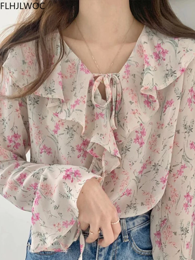 2022 Summer Vintage Retro Shirts Flare Sleeve Cute Sweet Women Korea Japan Style Girls Ruffled Chic Pink Tops Blusas