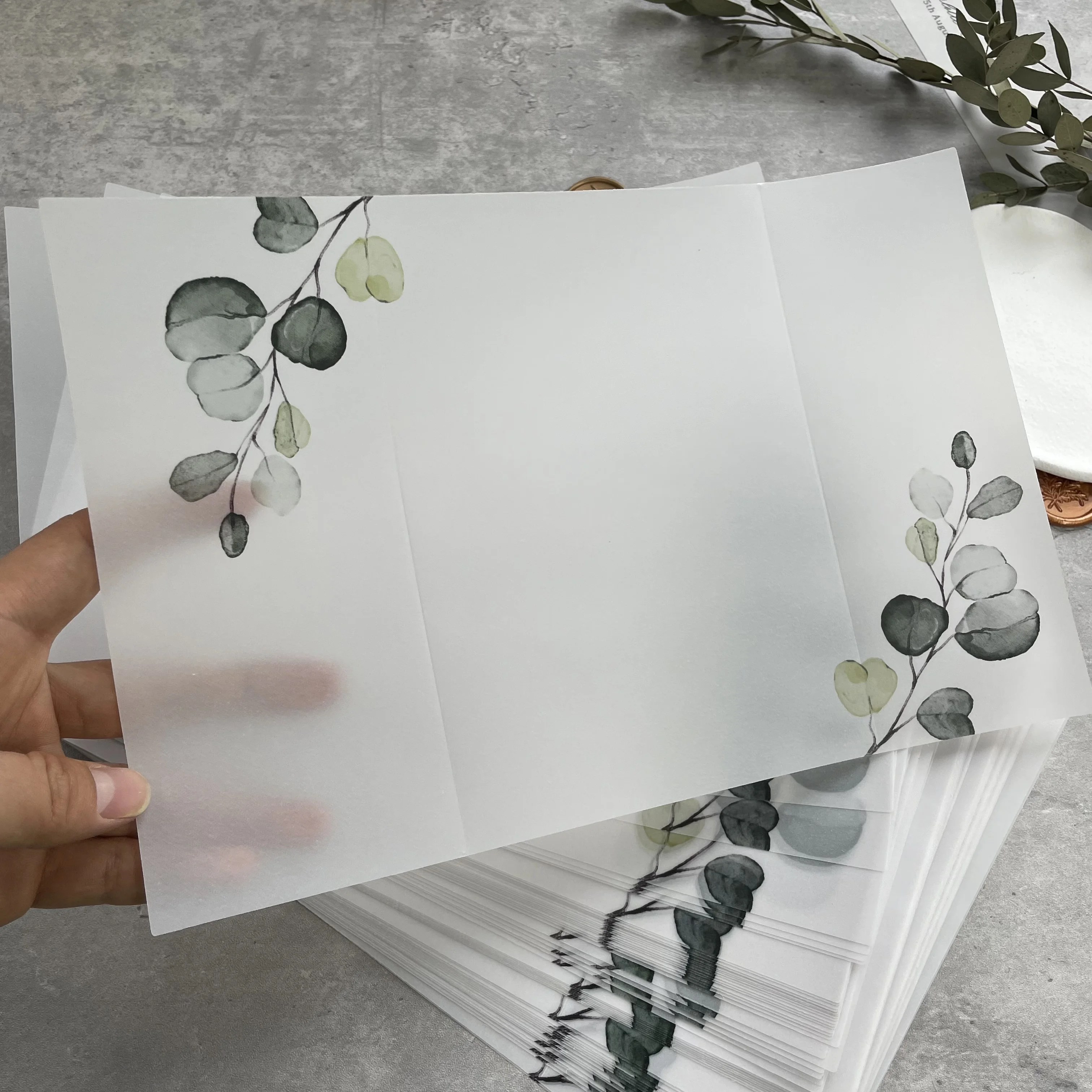 Eucalyptus Vellum Wrap Greenery Leaves Invite Jackets odpowiednie na zaproszenie ślubne 5 x 7