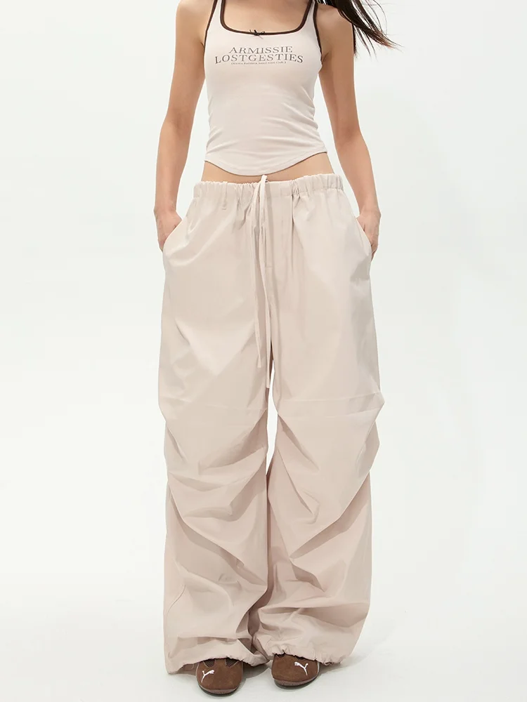 

American Sle Lightweight Pleated Parachute Pants Women's Spring Summer Hot Girl High Street Loose Wide Leg Matte Drapey Wor...