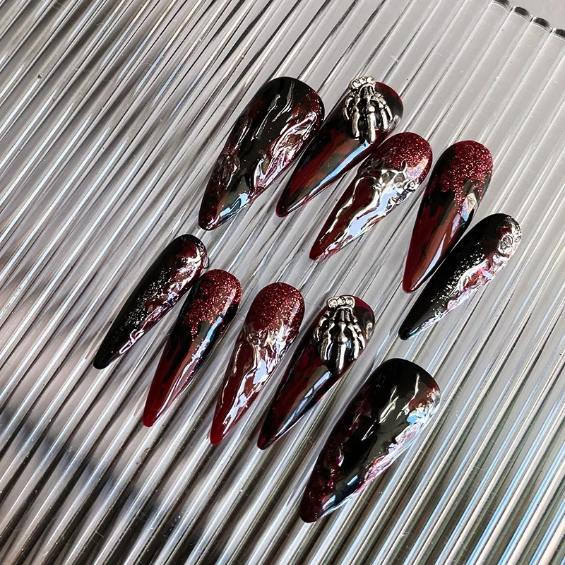 

Original Y2K Cybergoth k Red Skeleton Hand Nail Tips Wearable Nail Art False Nails Gothic Sle Cusized Gift Box Paaging